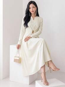 Heiryn Gaun Panjang Wanita Elegan Warna Polos untuk Perjalanan Musim Gugur - Putih Gading - View 6