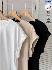 SHEIN LUNE 女款休閒夏季三件套上衣，通勤日常上學基本款短袖T恤上衣，白色米色黑色 - 彩色 - 查看 4