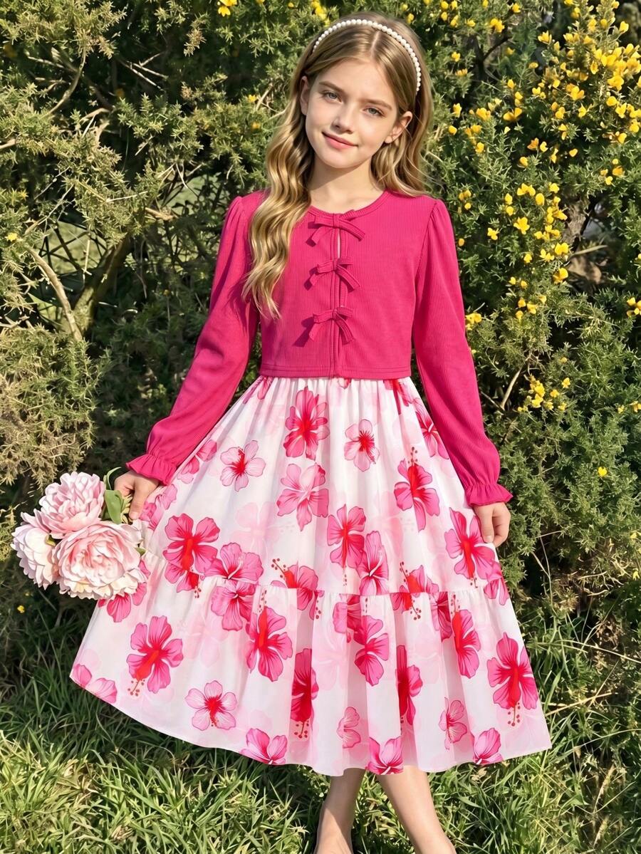 SHEIN 女童2件套洋裝,針織彈性羅紋休閒開襟外套配3D蝴蝶結裝飾,搭配簡約梭織數位花卉印花細肩帶洋裝,適合春秋日常休閒與度假穿著 - 玫紅色 - 查看 1