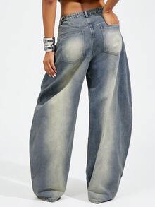 Denimoi Adjustable Waist Denim Jeans, Snap Waist, Barrel Leg Jeans, Fashion Denim, Street Style - Light Wash - View 2