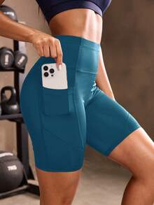 Powerista Solid Color High Waist Seamless Athletic Shorts - Blue - View 4