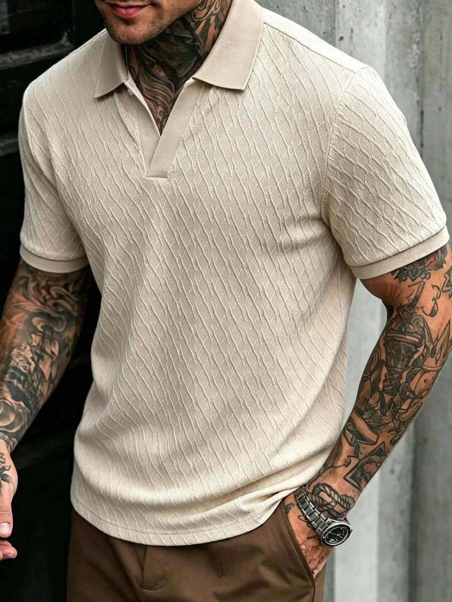 Manfinity CasualCool Camisa polo de manga corta de unicolor versátil y casual de verano para hombres, ceremonia - Caqui - Ver 1