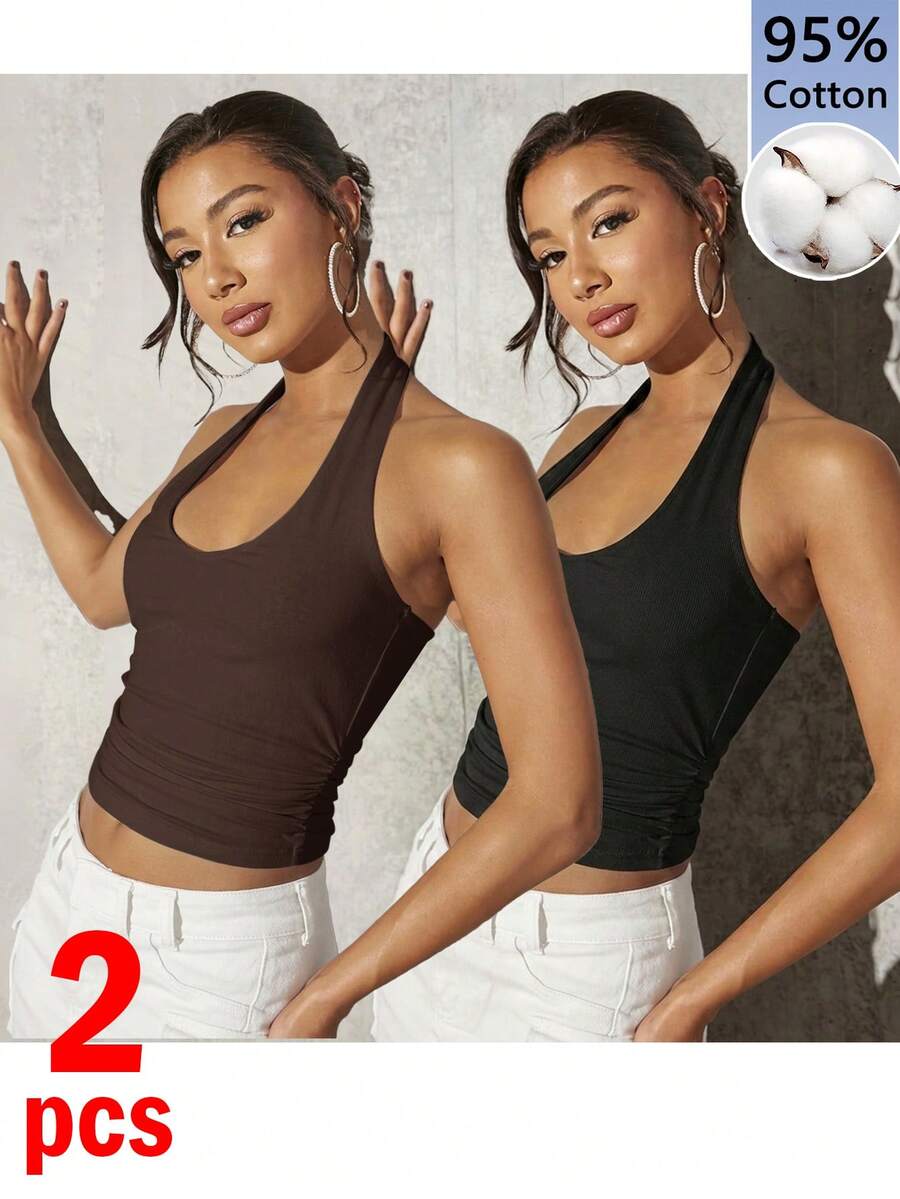 SHEIN BAE 女款 2 件組 95% 棉掛脖背心,黑色與棕色,適合夏季 - 彩色 - 查看 1