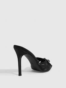 CUCCOO SZL Women Shoes Black Satin Mesh Stitching Bow Rhinestone Elements Fashion Elegance Temperament Pointed High Heel Sandals - Black satin - View 9