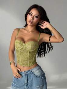 SHEIN PETITE 橄欖綠蕾絲透視細肩帶背心上衣，70年代夏季派對迪斯可夜店風，可愛內衣式上衣，無肩帶束胸上衣，女款夏季上衣，適合嬌小女性 - 薄荷綠 - 查看 4