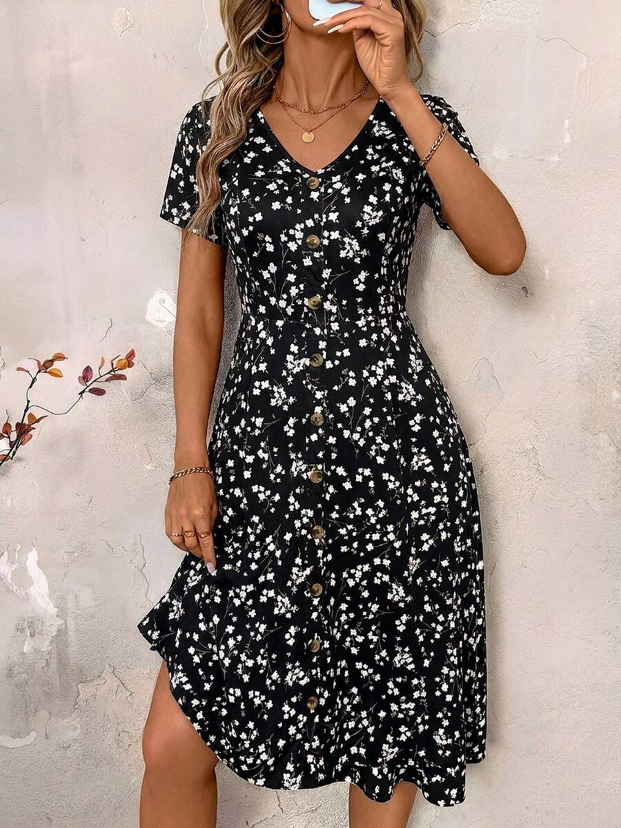 SHEIN Clasi V領收腰前開扣A字版型復古碎花洋裝 - 黑色 - 查看 1
