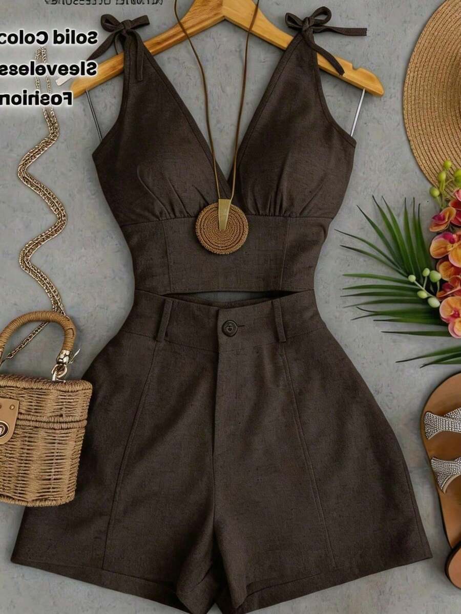 Franclia Casual Sleeveless Crop Top And Shorts Set - Chocolate Brown - View 1