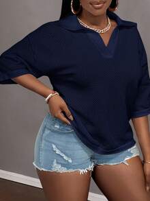 Slaydiva Plus Size Summer Casual Solid Color Knit Top - Navy Blue - View 3