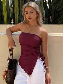 Joudiya Damen asymmetrische plissierte Bluse, Sommer Ausgehoberteil, Bandeau-Top - Bordeaux - Übersicht 13