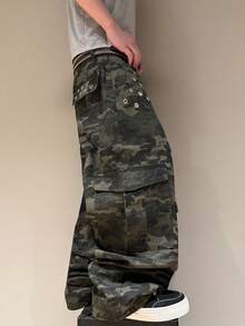 STEELVANCE 男士街頭風復古時尚百搭打孔多口袋設計寬鬆寬腿休閒牛仔長褲 - 軍綠色 - 查看 4