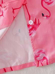Girls' 2pcs Short Sleeve & Shorts Set, Pink Button-Up Cartoon Flamingo Print, Smooth Comfortable Minimalist Casual Loungewear For Summer - Pink - View 8