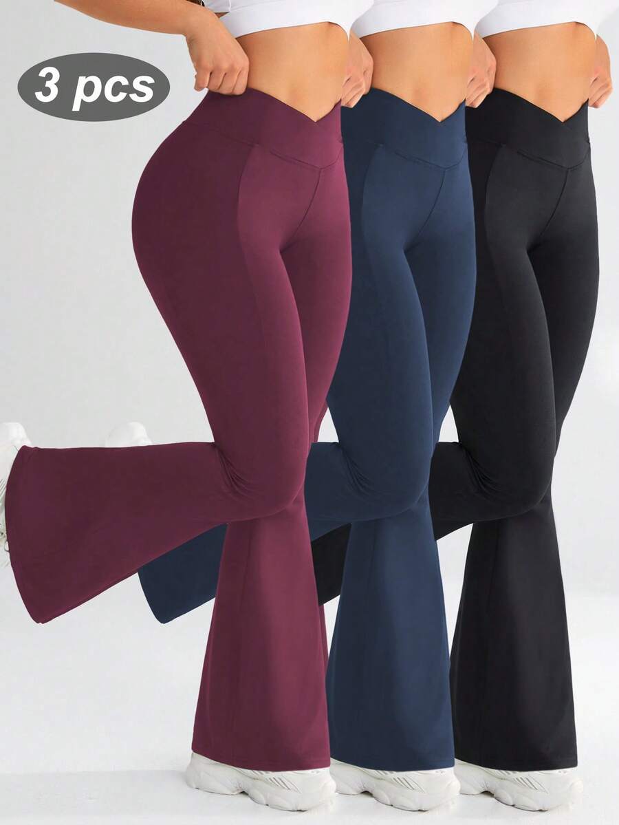 SHEIN Rhythm Era 女款大尺碼瑜伽戶外健身運動緊身喇叭褲 V腰交叉腰基本款 - 彩色 - 查看 1