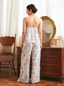 Côtesoire 南法風優雅浪漫碎花細肩帶女款睡衣套裝，泡泡皺褶設計 - 彩色 - 查看 2