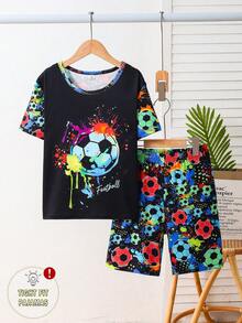 青少年男孩夏季新款螢光足球印花短袖短褲緊身居家服套裝，塗鴉風格潑墨圖案T恤與短褲2件組，學生酷運動風緊身居家服套裝，男孩休閒時尚家居服 - 彩色 - 查看 6