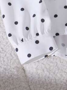 SHEIN Elladie kids 2件套女童拼接黑白波點不對稱領長袖條紋後背蝴蝶結裝飾上衣與黑白波點長褲，學院休閒風，適合四季穿著 - 白色 - 查看 4