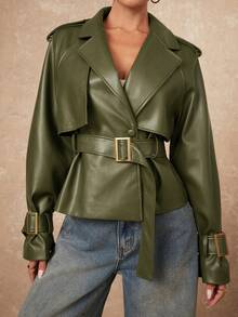 Lumalex Chaqueta casual de manga larga raglán de cuero PU de unicolor para mujer - Verde Oliva - Ver 6