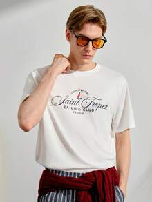 VeloEdit Men's Letter Print Round Neck Short Sleeve Casual Standard T-Shirt - White - View 1