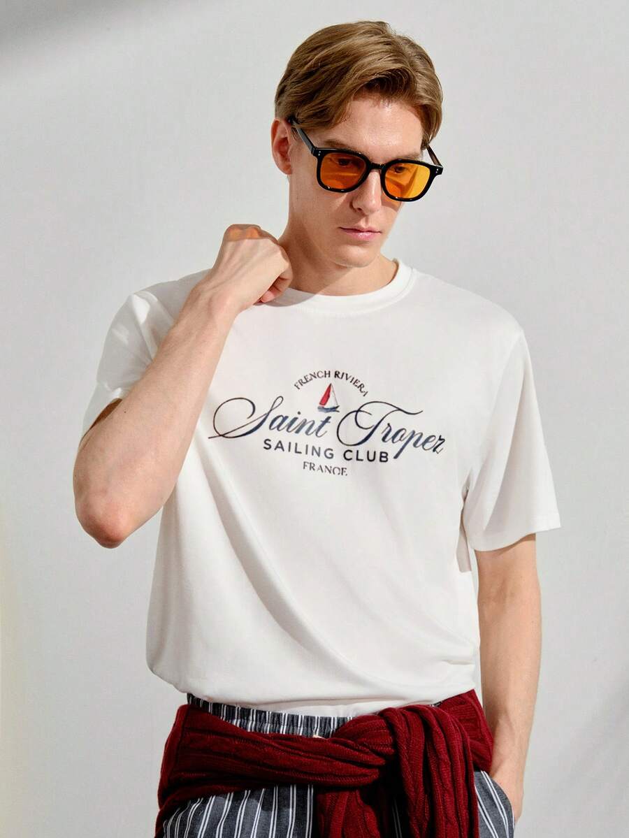 VeloEdit Men's Letter Print Round Neck Short Sleeve Casual Standard T-Shirt - White - View 1