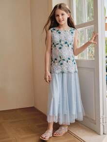 Anewsta Tween Girl Party Dress Summer Sleeveless Blue Water-Soluble Floral Patchwork Random Beaded Mesh Dress For Girls Mid-To-Large Children Luxury Evening And Occasion Dresses, Wedding, Party - Blue - View 5