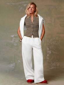 Athîral Women's Striped Short Sleeve Single-Breasted Casual Top - Coffee Brown - View 6