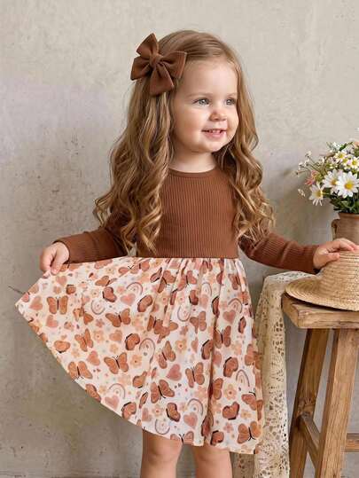 Cozy Pixies Baby Girls Dresses Knitted Brown Patchwork Woven Butterfly Floral Print Skirt Kids Casual Vacation Round Neck Short Sleeve Knitted Long Sleeve Floral Pattern Dress Suitable For Early Autumn Autumn Winter, Suitable For Daily Wear, Nordic Style Autumn Winter Style