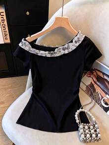 GlowEve Women's Shoulder Knot Raglan Short Sleeve Fashion T-Shirt - Black - View 2