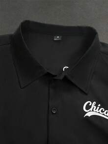SLATEMANN Camisa casual de manga corta con botones y bordado de letras para hombre, de verano - Negro - Ver 7