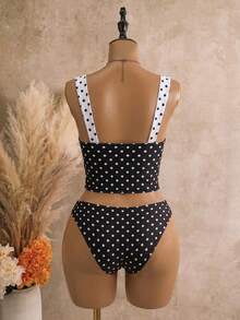 Bellisia Bikini de dos piezas con lunares negros & blancos, traje de baño estilo camisola con cordón francés, traje de baño de 2 piezas para vacaciones en la playa - Blanco y Negro - Ver 6