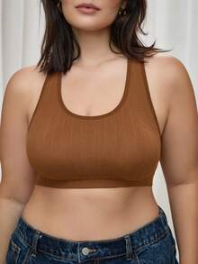 Bralution Brown High Elasticity Padded High Coverage Textured Back-Flattering Wearable Sports Casual Plus Size Women's Sports Bra - Brown - View 2