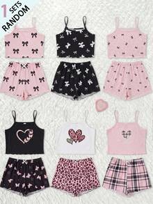 [Dikirim 1 Set Secara Acak] Piyama Anak Perempuan Remaja Musim Panas Model Baru Terlaris dengan Pita, Polkadot, dan Kombinasi Motif Kotak-kotak, Rajutan, dan Hiasan Rumbai, Model Camisole - Berwarna merah muda - View 3
