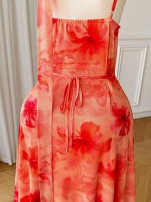 CovetEZ Plus Size Women's Elegant Floral Print Cowl Neck Spaghetti Strap Dress - Orange - View 5