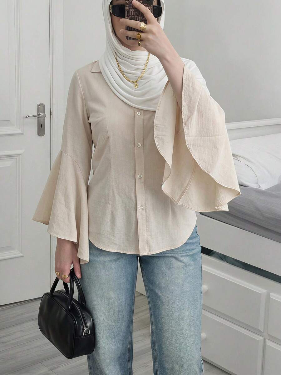 Solavon 女款素色單排扣休閒百搭日常穿搭阿拉伯風襯衫 - 杏色 - 查看 1