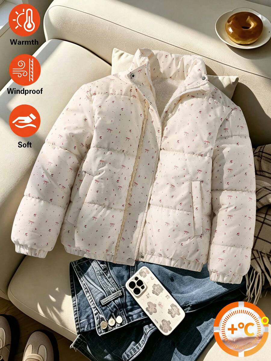 SHEIN 少女女童羽絨外套大衣 冬季外套 抓絨內裡 印花款