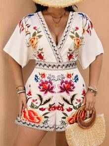 SHEIN Clasi Plus Size Women's Summer Casual Beach Vacation Embroidery Faux Floral Print Short Sleeve V-Neck Cinched Waist Loose Shorts Romper - Apricot - View 8
