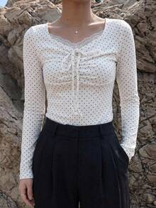 FRIFUL Women's Polka Dot Print Contrast Lace Front Tie Long Sleeve T-Shirt - White - View 15