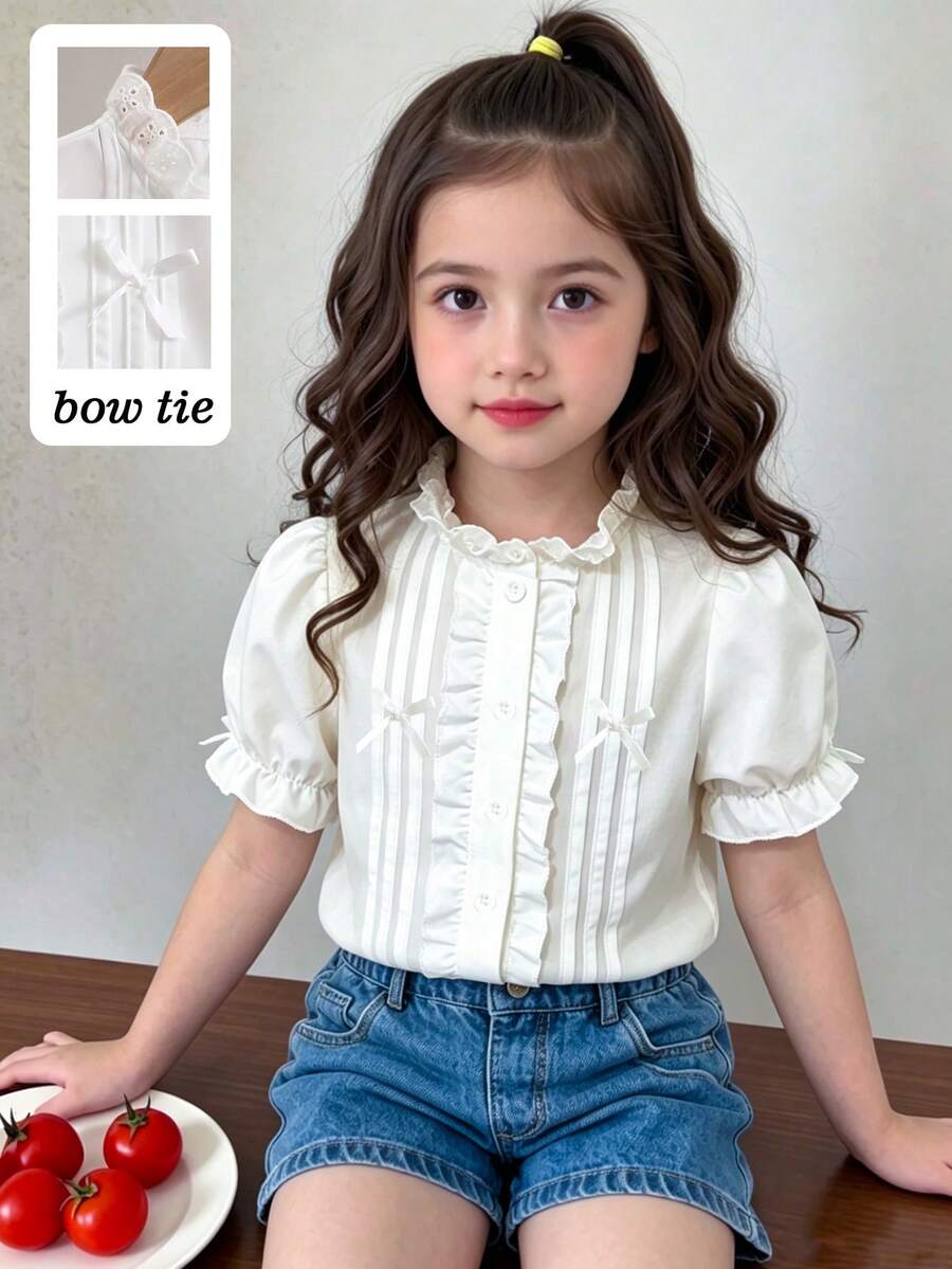 SHEIN Elladie kids 年轻女孩简约优雅荷叶边领蕾丝蝴蝶结装饰衬衫,法式风格派对服饰 - 白色 - 查看 1