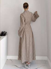 Siren Gaze Autumn Women Brown Striped Long Sleeve Single-Breasted Ruched Waist Long Dress Y2k Elegent Teachers' Day Streetwear Western Pleated Peplum Office - Multicolor - View 3
