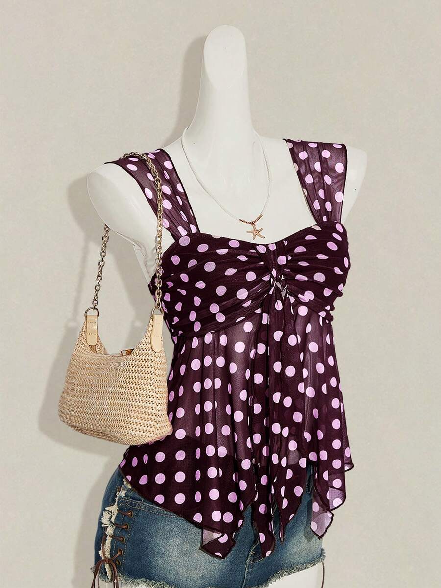 SHEIN ICON 女款碎花不對稱下擺可愛花卉襯衫,迷人夏季上衣秋季女裝 - 棕色 - 查看 1