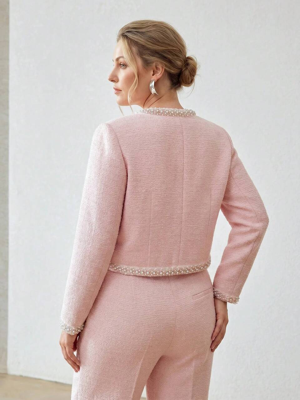 MOTF PLUS SIZE WOMEN'S ELEGANT TEXTURED JACKET WITH PEARL TRIM WINTER