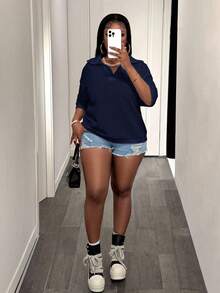 Slaydiva Plus Size Summer Casual Solid Color Knit Top - Navy Blue - View 7