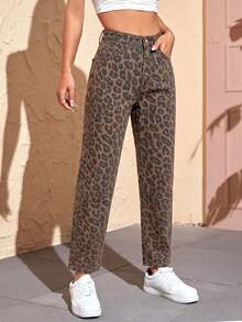 SHEIN PETITE Women's Fashion Versatile Leopard Print Button Pocket Denim Jeans - Multicolor - View 6