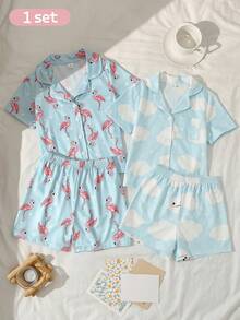 2 Peças/Conjunto Roupa de Ficar em Casa para Meninas Pequenas, Base Azul com Estampa Fofa de Flamingo Rosa, Tecido de Seda de Leite Macio e Confortável Retardante de Chama, Conjunto Casual Minimalista de Cardigan de Manga Curta com Gola e Shorts, Verão - Azul - Visão 1