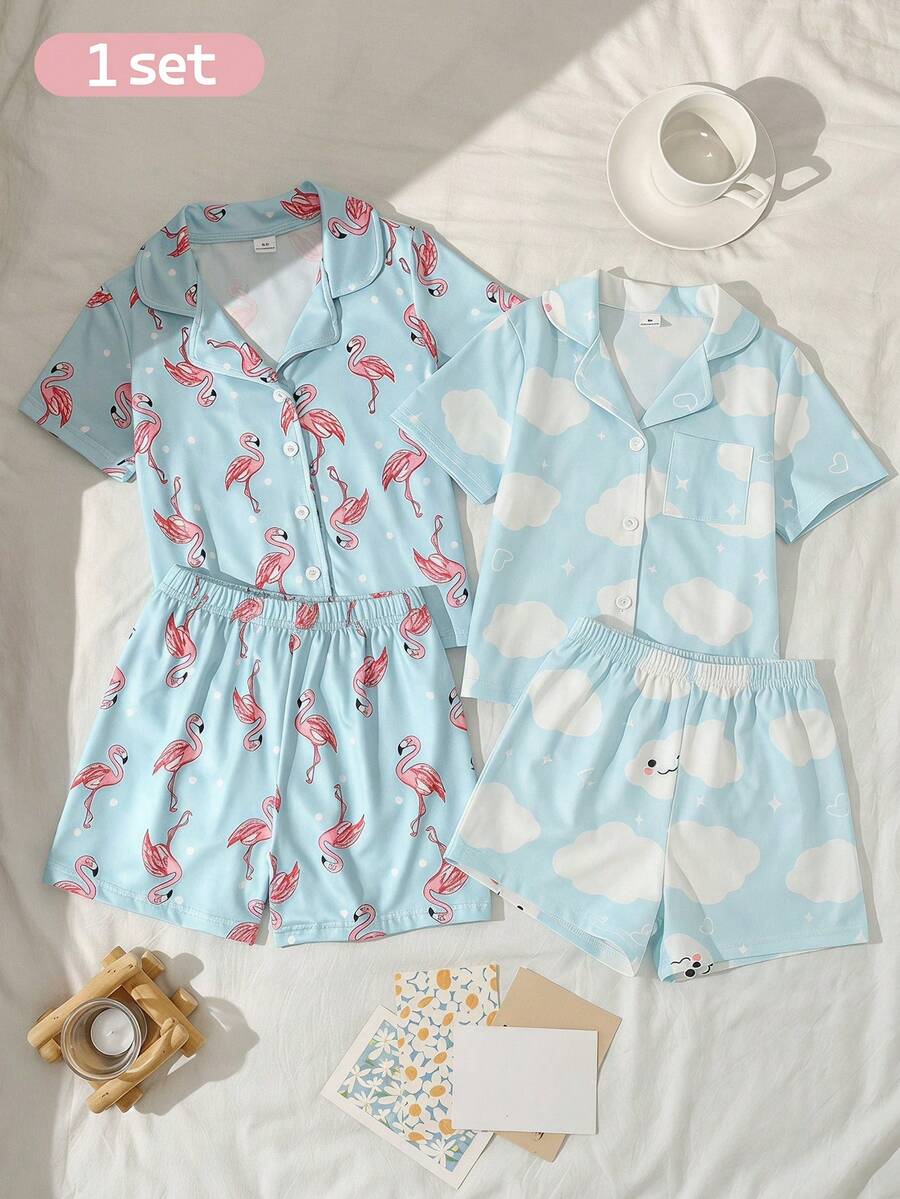 2 Peças/Conjunto Roupa de Ficar em Casa para Meninas Pequenas, Base Azul com Estampa Fofa de Flamingo Rosa, Tecido de Seda de Leite Macio e Confortável Retardante de Chama, Conjunto Casual Minimalista de Cardigan de Manga Curta com Gola e Shorts, Verão - Azul - Visão 1