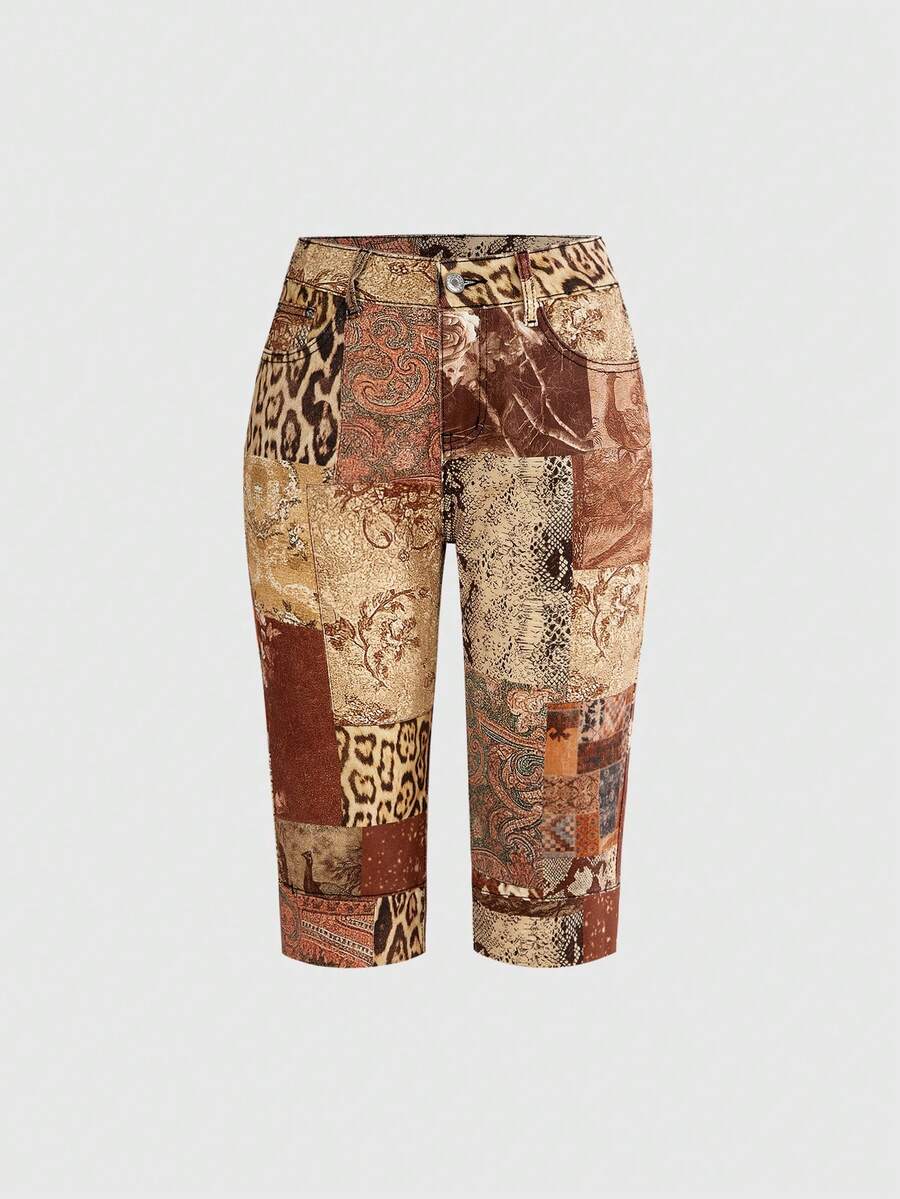 ROMWE Grunge Punk Short en jean ajusté vintage imprimé léopard & floral Y2K - Tabac - Voir 1