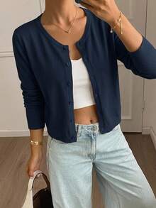DAZY Women's Solid Color Round Neck Casual Long Sleeve Loose Open Front T-Shirt,Fall Clothes - Blue - View 10