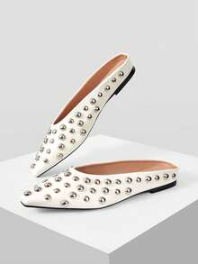 Mnmlis Women's Fashion Small Square Toe Rivet Empty Shoes - Beige - View 5