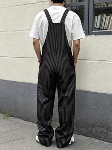 Manfinity Roghcode Men's Black Striped Fashion Casual Versatile Long Pants With Suspenders - Black - View 2