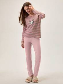 Loomlin Women 2 Pcs Rib Knit Cute Cartoon Embroidery Detail Homewear Comfort Pajama Set - Multicolor - View 4