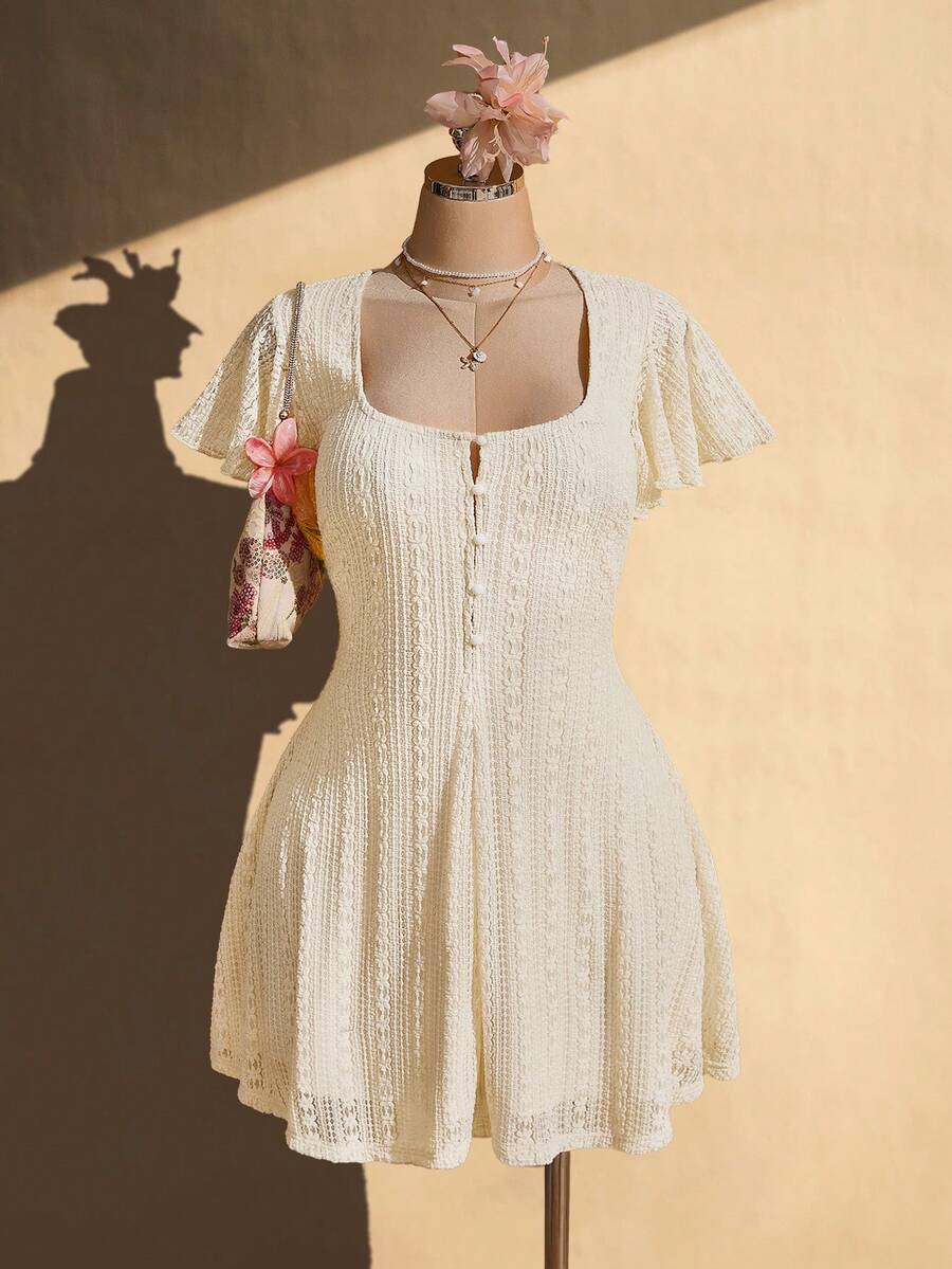 SHEIN ICON Plus Size Retro Sexy Beach Vacation Simple Casual Elegant Commuter Square Neck Ruffle Short Sleeve Knit Textured Fabric Hollow Out Apricot Color Dress - Beige - View 1