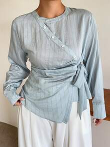 Dazy Plus Blue Striped Asymmetrical Placket Tie-Front Casual Fun Commuter Long Sleeve Spring Autumn Shirt - Baby Blue - View 7